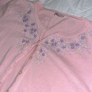 Pink knit button up short sleeved blouse with crochet lace trim and embroidery